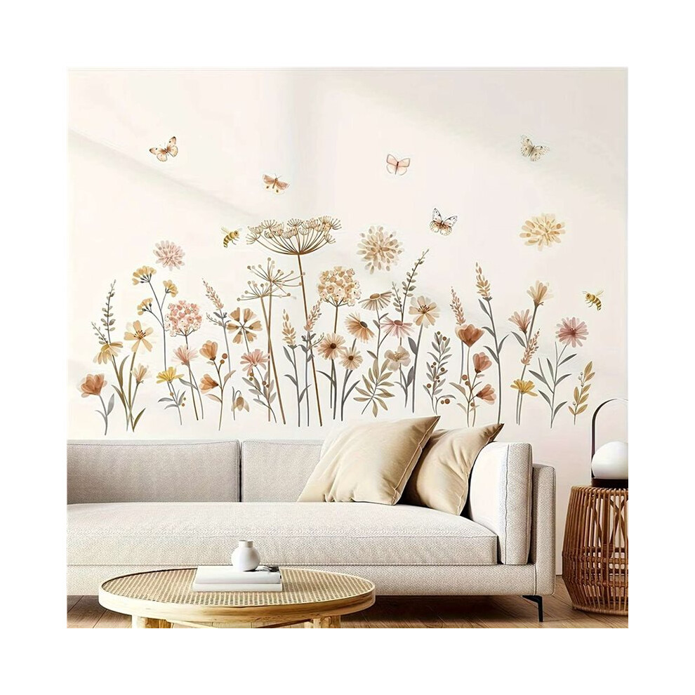 2X Boho Flower Wall Stickers Wildflower Floral Grass Decals for Baby Nursery Girls Bedroom Kids Room Wall Decoration