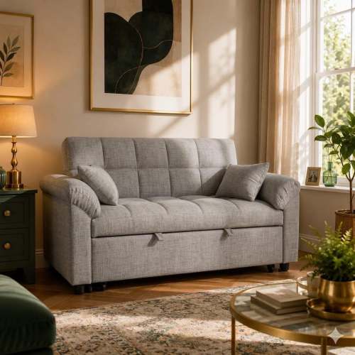 (Grey Linen) 2 Seater Sofabed Reversible Pull-Out Sleeper Corner Sofa Linen Fabric Chaise Sofa Bed 1
