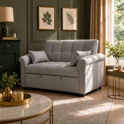 (Grey Linen) 2 Seater Sofabed Reversible Pull-Out Sleeper Corner Sofa Linen Fabric Chaise Sofa Bed 2