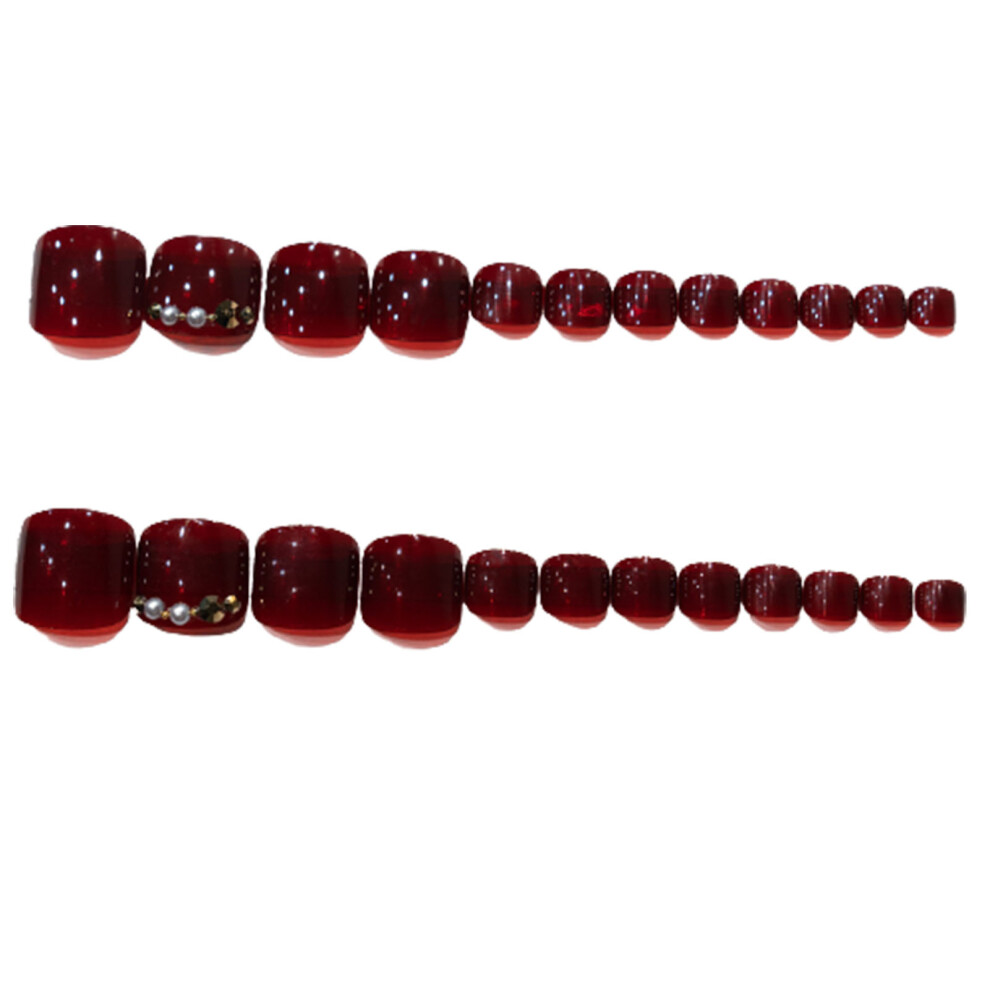 Roc-Electron 24Pcs Wine Red Fake Nails With Pearl For Salon & Home