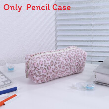 (Pink) Sweet Plush Cool Leopard Print Pencil Case With Large Capacity For Students Makeup And Storage