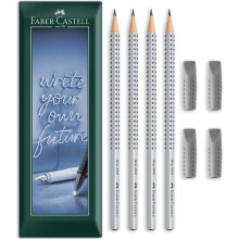 (H) Faber-Castell Grip 2001 4 Graphite Pencils & 4 Eraser Caps