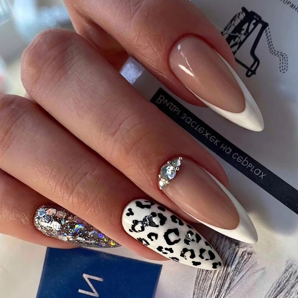 Reach-Tools Leopard French Press-On Nails With Rhinestones