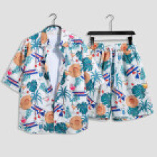 (Style E,2XL)Summer Hawaiian Shirt And Shorts Combo With Polyester Fabric Casual Summer Look