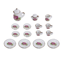 15 pieces Porcelain tea set Dollhouse miniature foods Chinese rose dishes cup