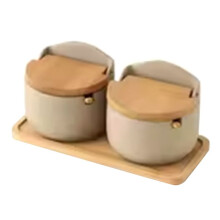 Japanese Style Clay Seasoning Jar Bamboo Lid Spice Jar with Spoon Kitchen Sugar Salt Spices Storage Box Container 2Pcs Set