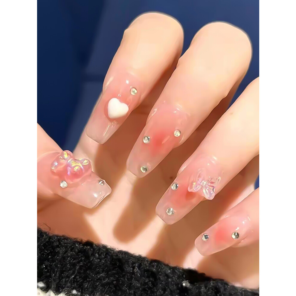 Reach-Tools Pink Bear Bow Tie False Nails, Reusable For Daily & Party