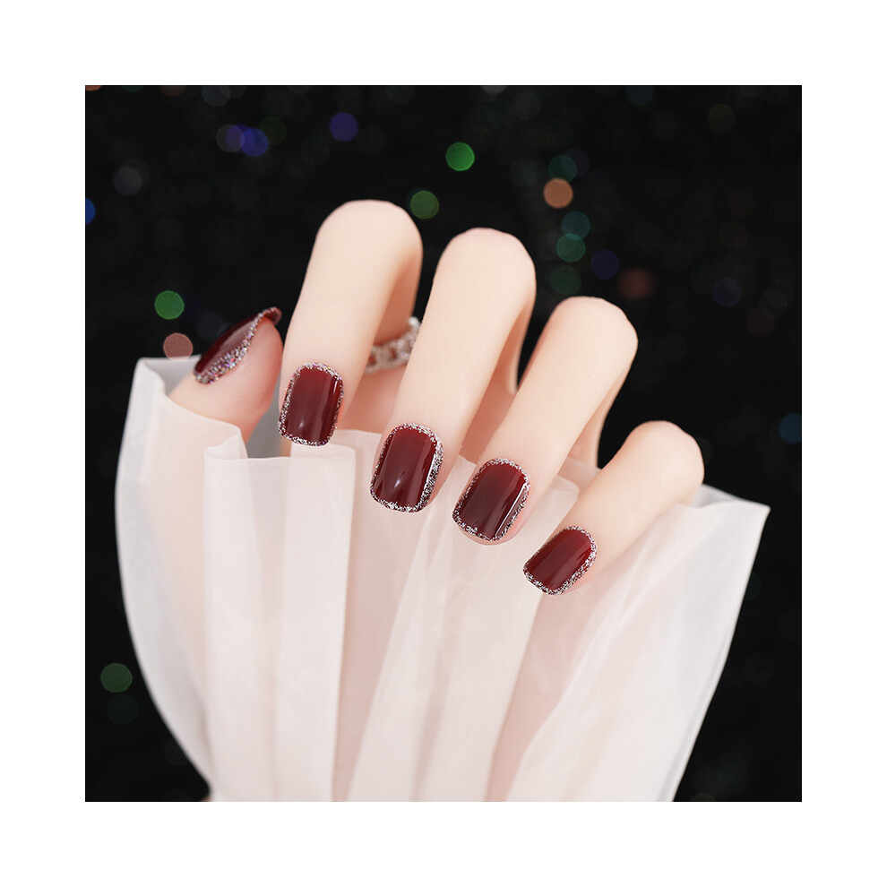 Zhouq-Outdoors 24Pcs Wine Red French False Nails With Gel