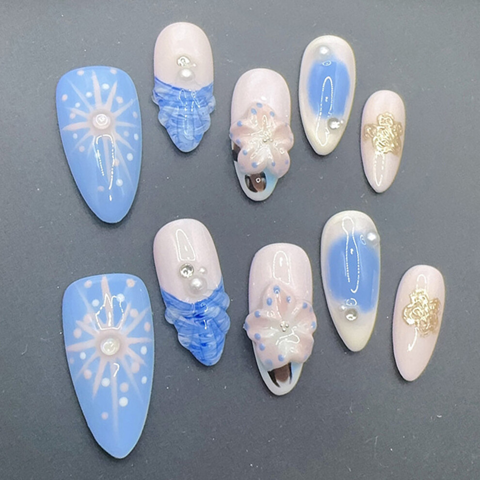 Phui-Pet-Supplies (Xs) 3D Floral Press On Nails - 10Pcs Almond Shape