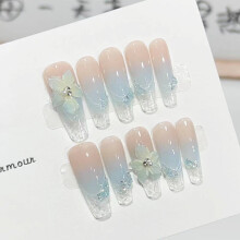 (XS) Blue False Nails with Clear Tip for Women