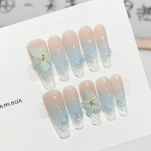 (XS) Blue False Nails with Clear Tip for Women