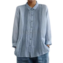 Womens Lace Trim Cotton Pleated Shirt Elegant Blouse Casual Wear with Feminine Details Light M