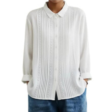 Womens Lace Trim Cotton Pleated Shirt Elegant Blouse Casual Wear with Feminine Details White L