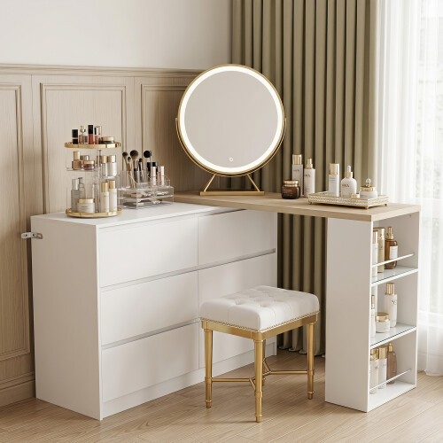 Homcom HOMCOM Vanity Table with 3-Tier Shelf and 6 Drawers, White 1