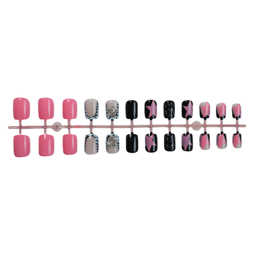 Reach-Tools 24Pcs Glossy Pink Black Press On Nails For Women