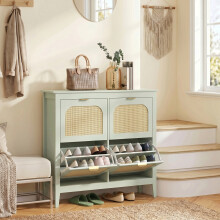 HOMCOM Boho Slim Shoe Cabinet with Rattan Doors, Holds 20 Pairs, Green