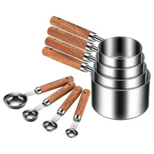 Stainless Steel Measuring Cups and Spoons Set of 8, Stackable Wooden Handle Metal Measuring Cup & Spoon Set