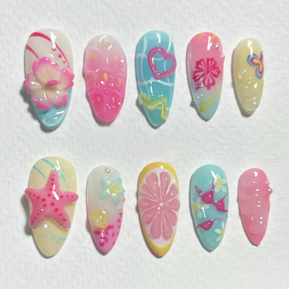 Creation-3C 24Pcs Summer Press-On Nails With Starfish & Heart Designs