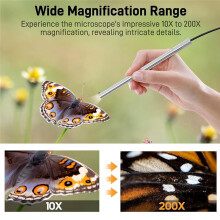 USB-C Digital Microscope, 10X to 200X Magnification Portable Camera with 8 LED Lights, Handheld Rotating Metal Stand