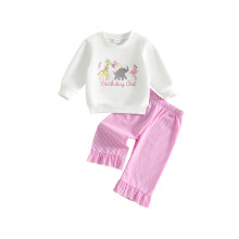 (2-3 Years, White) Girls Birthday Outfit Long Sleeve Animal Embroidery Pullover Flared Pants