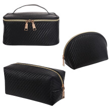 Set di 3 trousse da viaggio per cosmetici in PU impermeabile e di grande capacità, colore nero.