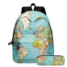 2-teiliges Schulrucksack-Set mit Weltkartenmotiv und Federmäppchen, ideal für Reisen, Laptops und als Schulrucksack für Teenager-Mädc