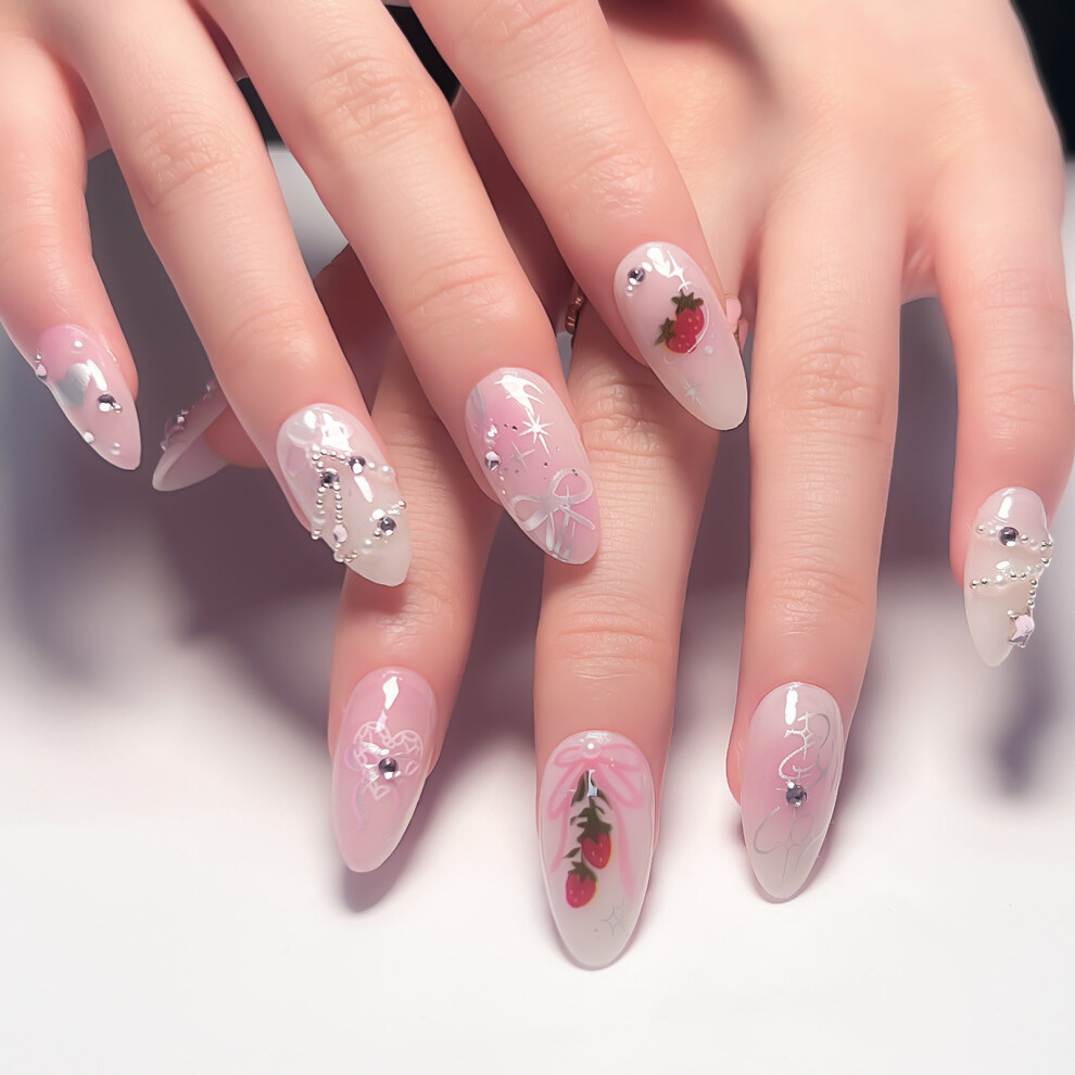 Hue-Grain Pink Almond Fake Nails - Easy Stick Stage Wear