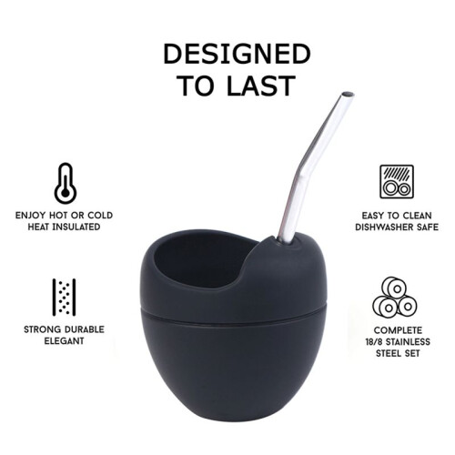 Black 5oz 180M Silicone Yerba Mate Cup Set Tea Cup with Stra for Gift