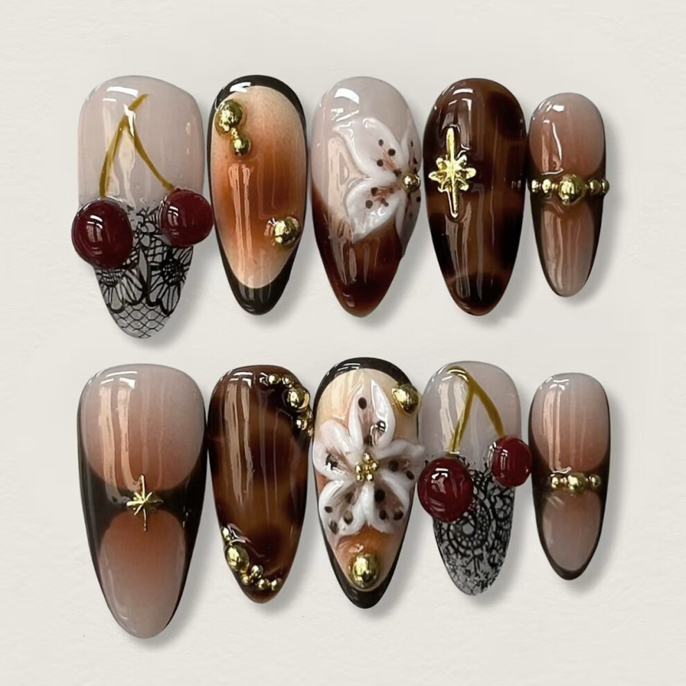Roc-Electron 3D Flower Cherry Press-On Nails, 30Pcs Glossy Almond