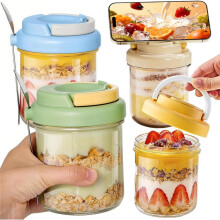 Overnight Oats Jars with Lids and Spoons, 4 Pack 16 Oz Glass MasonJars, Leak Proof Airtight Oatmeal Containers
