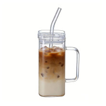 300ml High Borosilicate Glass Coffee Mug Heat Resistant with Lid and Straw Styles - with Handle