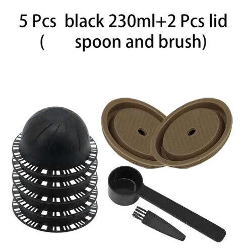 230ml Reusable Coffee Capsule Set, Refillable Filter Shells with Silicone Lids, Spoon and Brush for 2