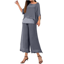 2-Teiliges Damen-Outfit-Set mit Glitzer-Oberteil und Weiten Hosen, Lässiger Rundhalsausschnitt mit Pailletten Grau XL