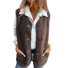 Damen V-Ausschnitt Fleece Oberbekleidung Westen Plüsch Button-Down Jacke Tops Ärmellose Weste Mäntel mit Taschen Kaffeefarbe XL