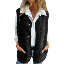 Damen V-Ausschnitt Fleece Oberbekleidung Westen Plüsch Button-Down Jacke Tops Ärmellose Weste Mäntel mit Taschen Schwarz XXXL