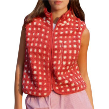 Damen Karierte Weste Ärmellose Winter Fleecejacke Stehkragen Reißverschluss Karierte Weste mit Brusttasche Rot XL