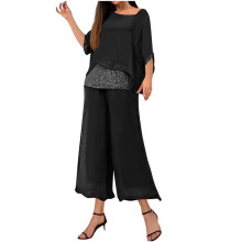 2-Teiliges Damen-Outfit-Set mit Glitzer-Oberteil und Weiten Hosen, Lässiger Rundhalsausschnitt mit Pailletten Schwarz M