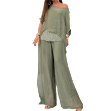 2-Teiliges Damen-Outfit-Set mit Glitzer-Oberteil und Weiten Hosen, Lässiger Rundhalsausschnitt mit Pailletten Grün XXXL
