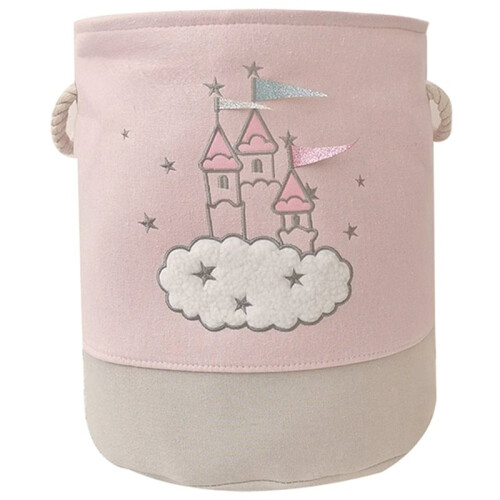 Cesto de Roupa Suja  de Tecido Rosa com Desenho de Castelo