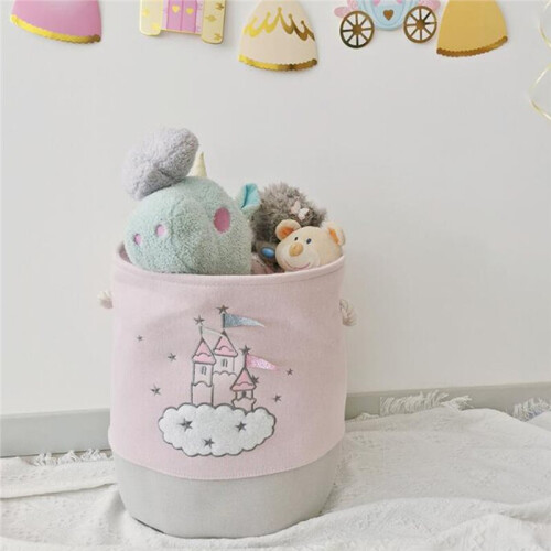 Cesto de Roupa Suja  de Tecido Rosa com Desenho de Castelo 2