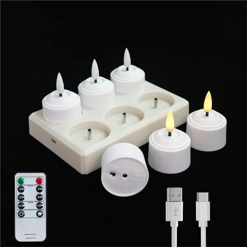 3D Wick LED Tea Light Set with Remote Control, Timer, and USB Charging Station 2