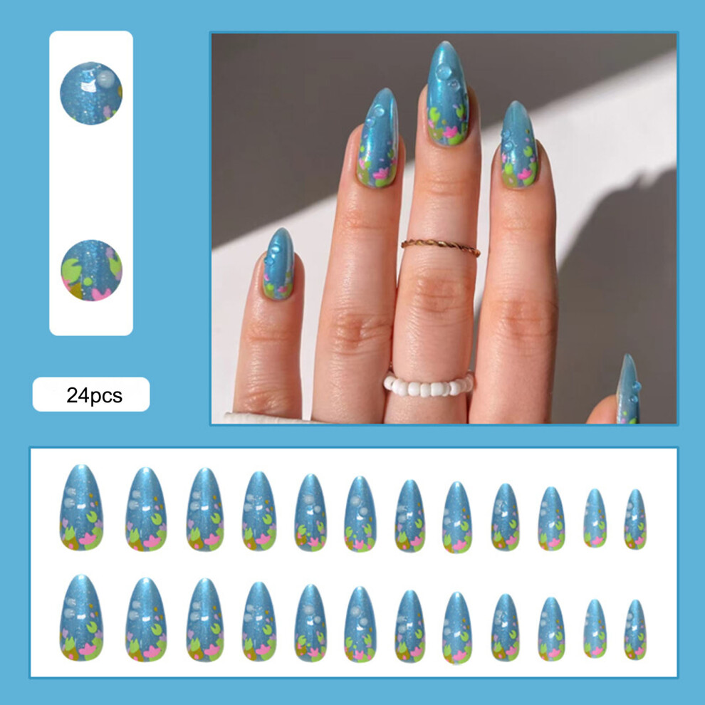 Reach-Tools Flower Printed Blue Almond False Nails - 50Pcs