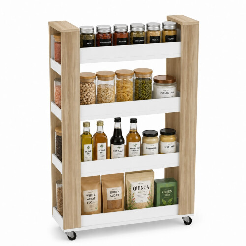 (Oak & White) Slim 4-Tier Rolling Storage Trolley Cart