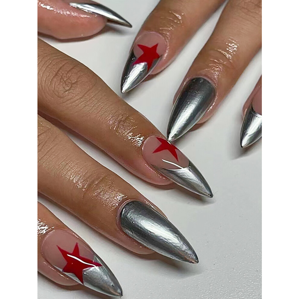 Creation-3C Pink Silver Star Fake Nails, Easy Apply & Remove