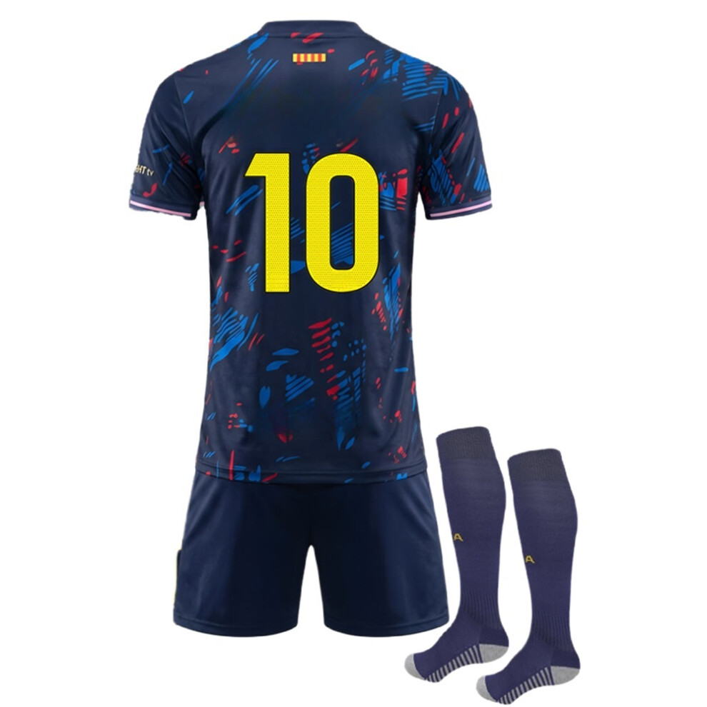 (26(140-150CM)) Barca Away Blue Activewear Print #10 +Customized Player Name Fans Training T-Shirt Set For Kids And Adult