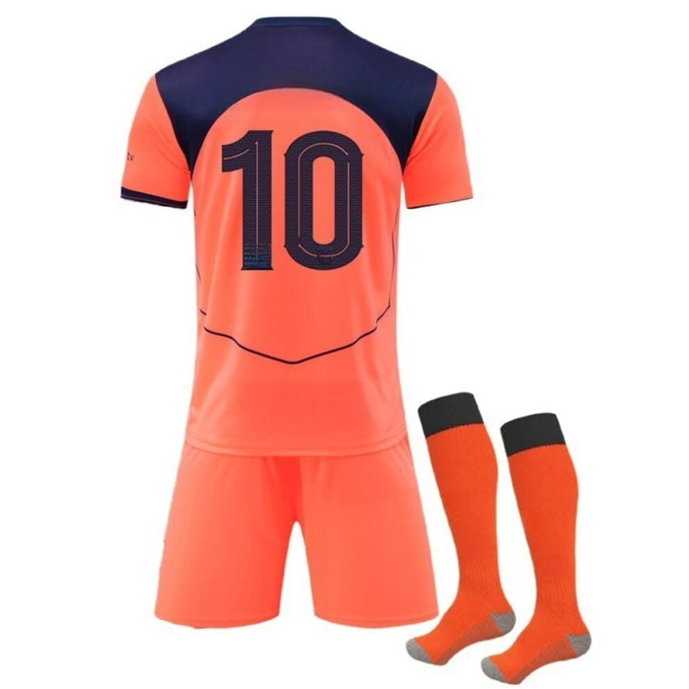 (26(140-150CM)) Barca Away  Orange Activewear Print #10 +Customized Player Name Fans Training T-Shirt Set For Kids And Adult