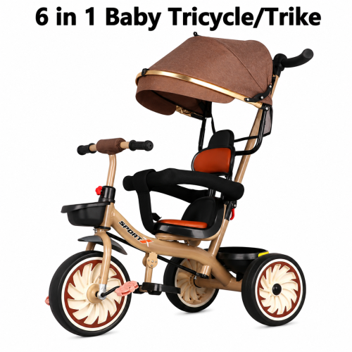 Kids Tricycle with Canopy Push Handle Brown