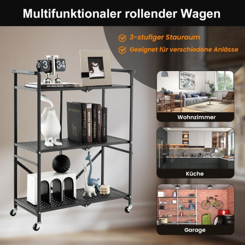 Foldebar serveringsvogn med 4 hjul 3 etagers metalhylde til køkkenkontor Sort 2