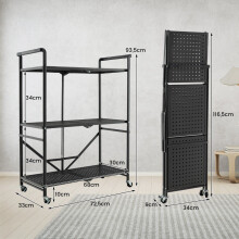 Opvouwbare serveerwagen met 4 wielen, 3-laags metalen plank voor keuken en kantoor, zwart