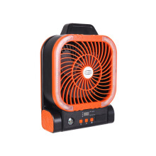 Draagbare ventilator op zonne-energie, oplaadbaar, met LED-verlichting en timer, ideaal voor buitenactiviteiten zoals kamperen en reizen.